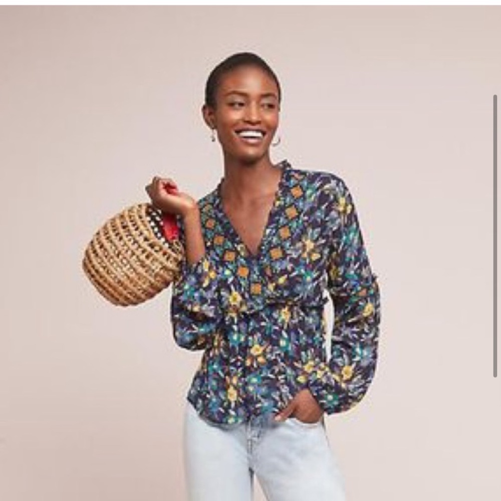 ANTHROPOLOGIE NWT Meadow Rue Strasser Boho Top S Floral Beaded Blouse